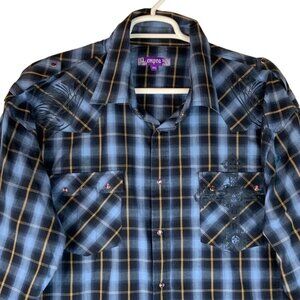 Empra Mens 3XL Plaid Western Shirt Cross Angel Wings Detail Diamond Snaps